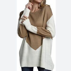 Tunic sweater fashion large acrylic soft tan & white pullover